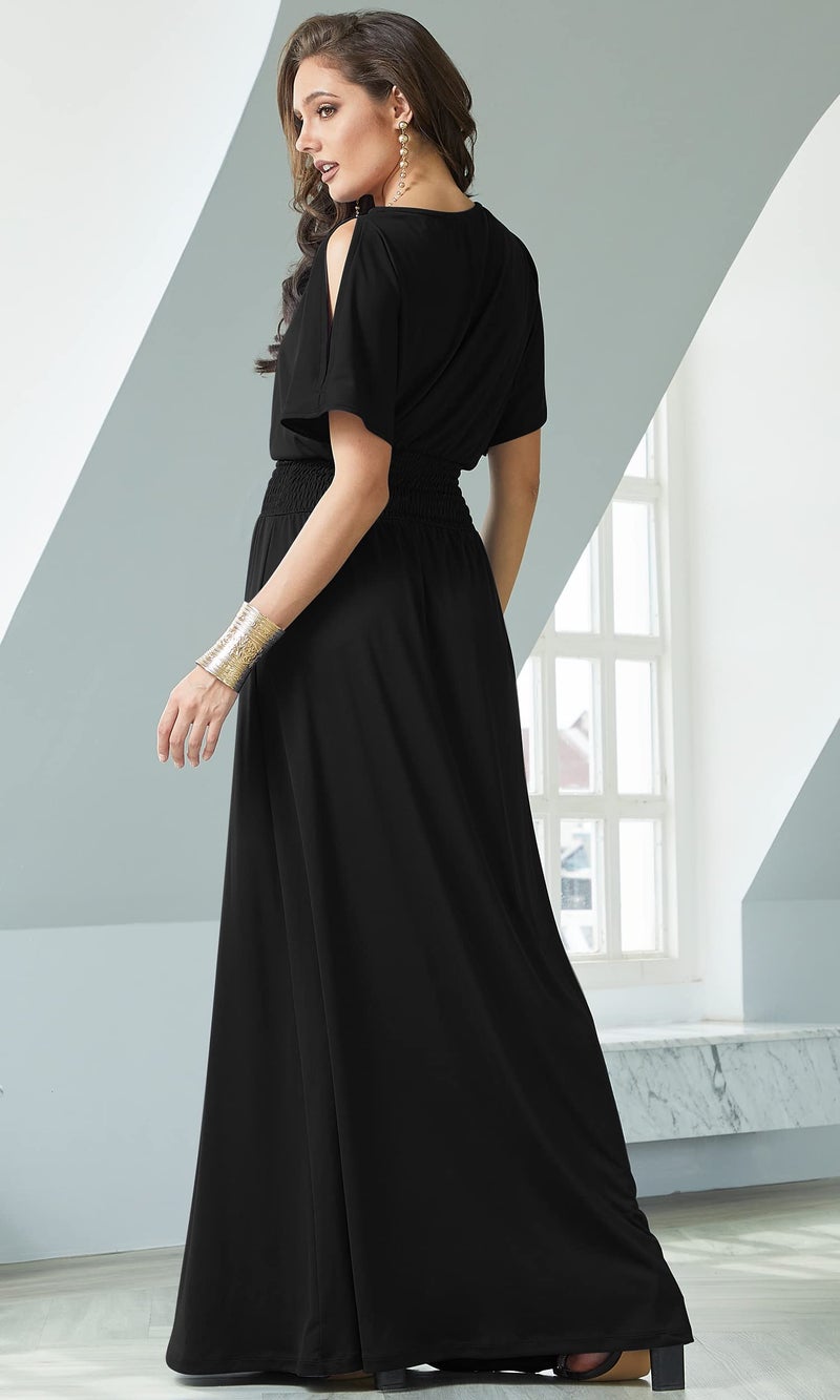 KOH KOH Plus Size Womens Long Flowy Short Sexy Slit Sleeve Casual Summer Modest Full Floor Length Boat Neck Soft Tall Mother Bride Groom Maxi Dress Dresses Gown Gowns, Black 3XL 22-24 - Image 4